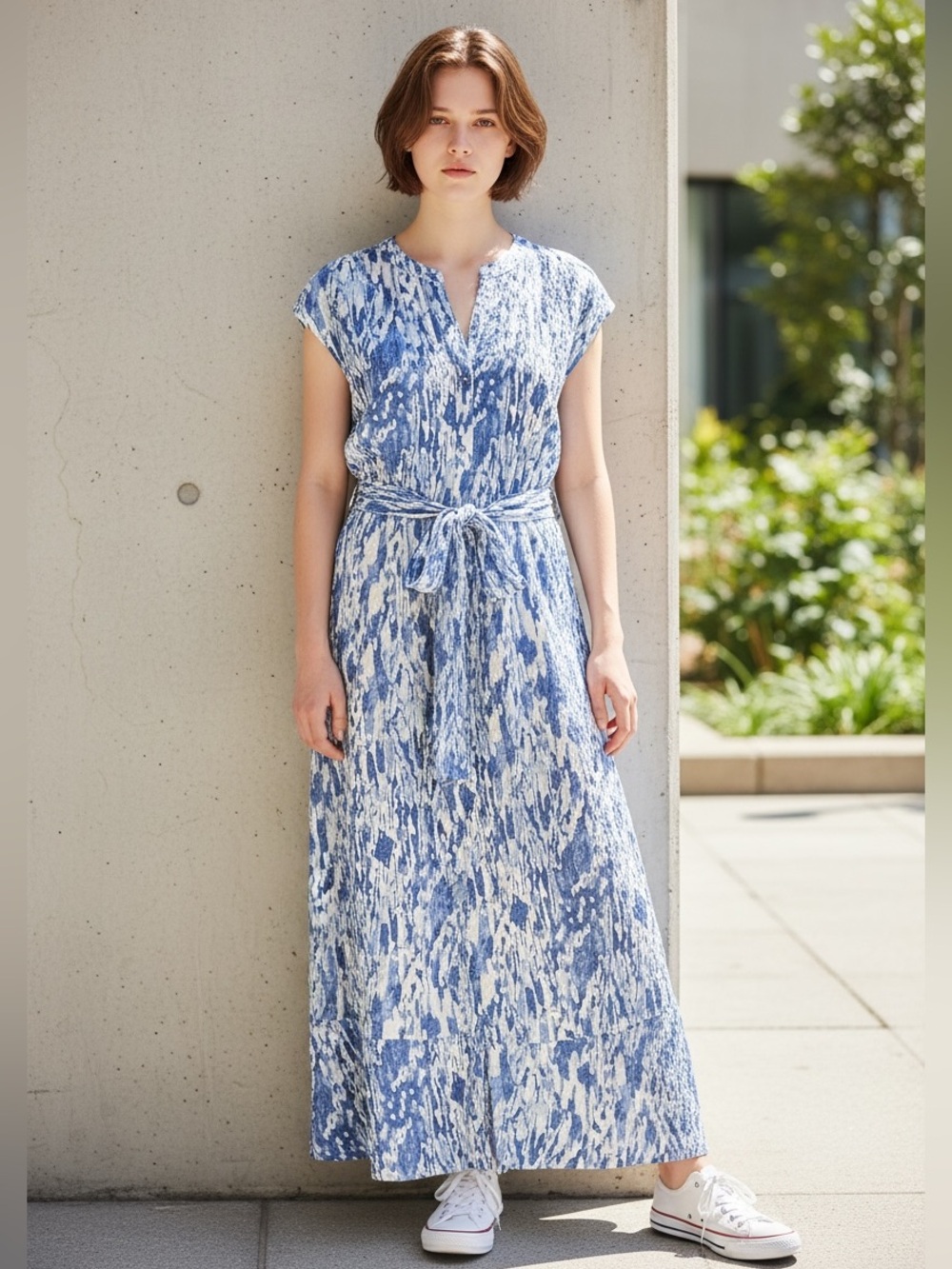 Loramendi Blue White Splatter Crepe Button Front Tie Waist Full Length Dress